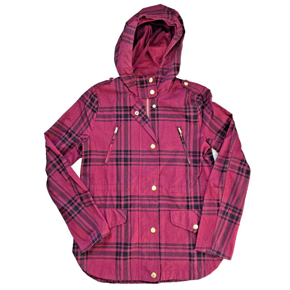 Sz S Decorative Casual Fall Colors Plaid Burgundy Black Hooded Jacket‎ Preppy